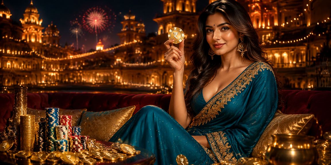Woman in traditional Indian attire playing casino games responsibly